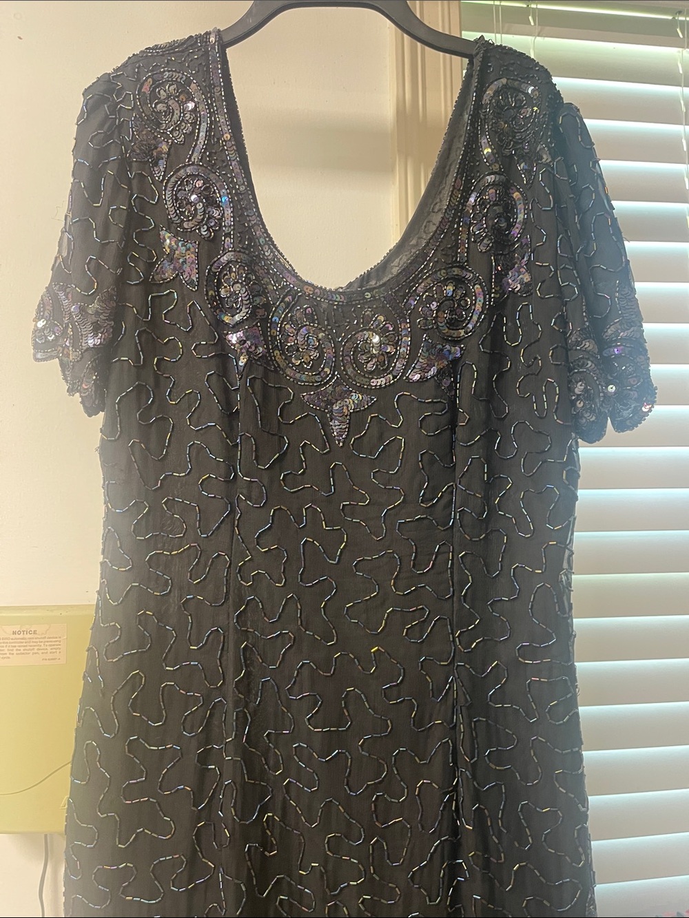 Beaded irredescent Black Evening Top with Sequined Scoop Neck